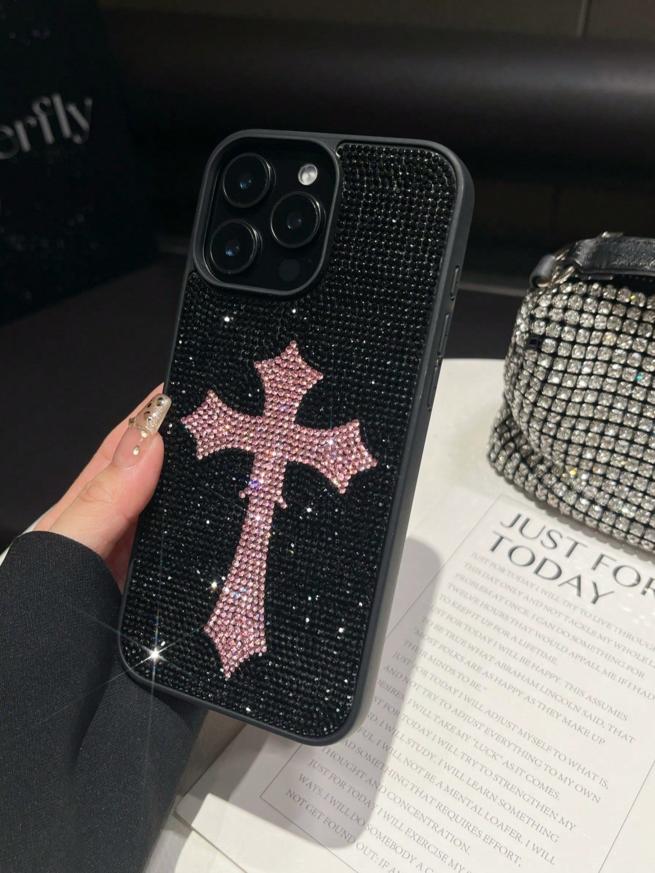 1pc Pink Cross Rhinestone Phone Case, Luxury 2-In-1 Shockproof Protective Cover For IPhone 17 Pro Max/13/14