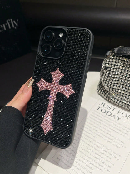 1pc Pink Cross Rhinestone Phone Case, Luxury 2-In-1 Shockproof Protective Cover For IPhone 17 Pro Max/13/14