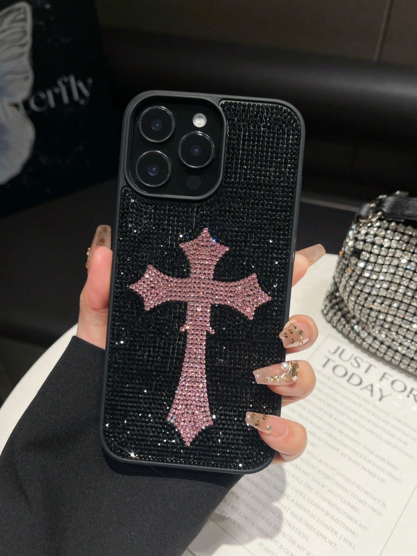1pc Pink Cross Rhinestone Phone Case, Luxury 2-In-1 Shockproof Protective Cover For IPhone 17 Pro Max/13/14