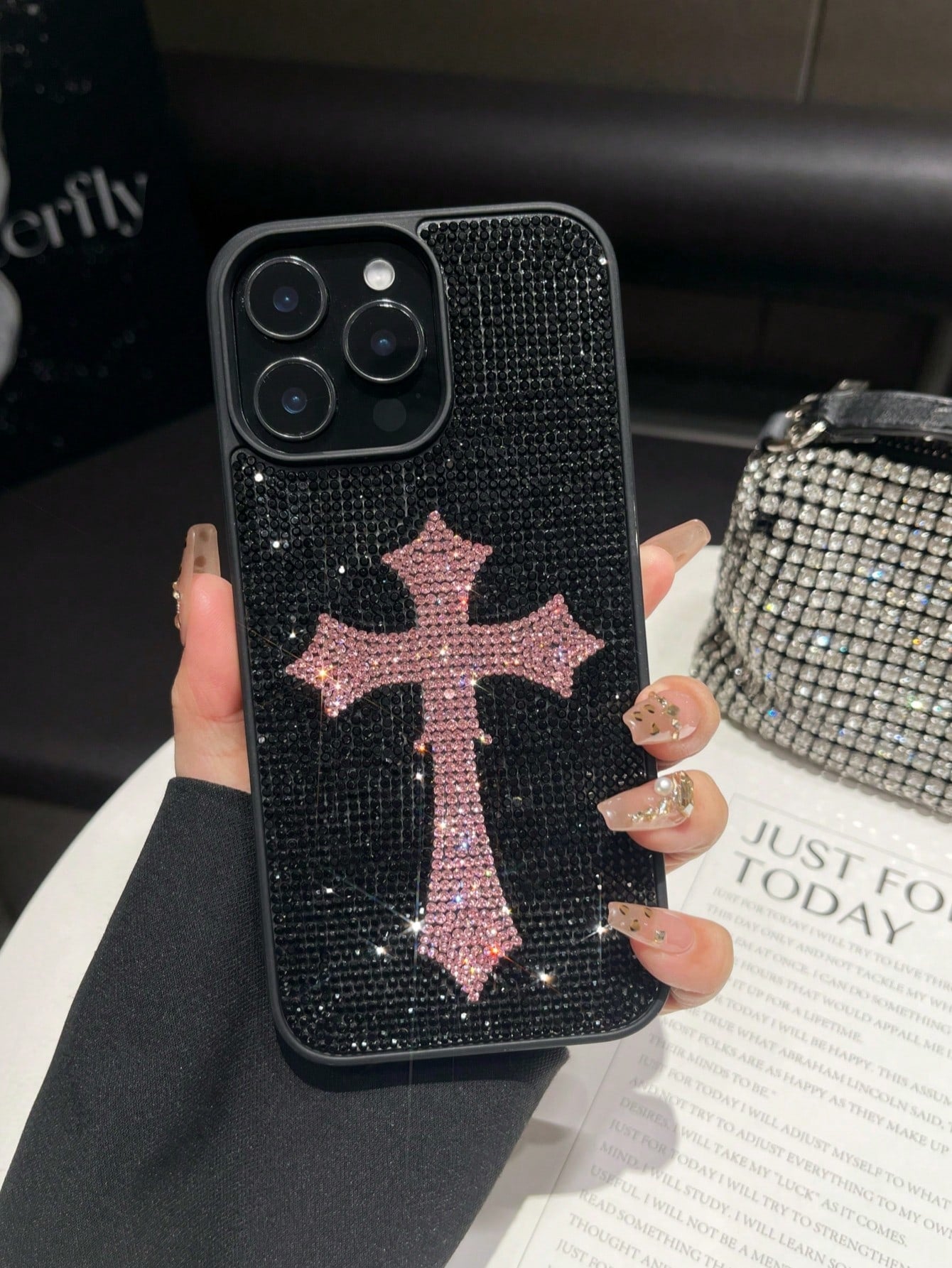 1pc Pink Cross Rhinestone Phone Case, Luxury 2-In-1 Shockproof Protective Cover For IPhone 17 Pro Max/13/14