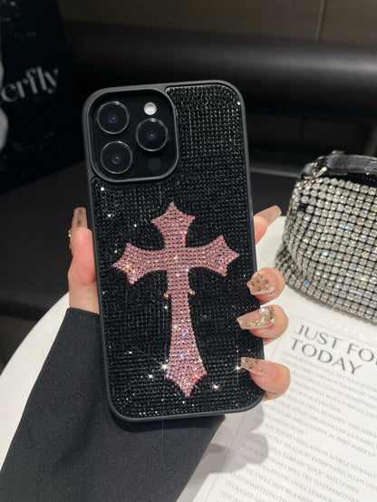 1pc Pink Cross Rhinestone Phone Case, Luxury 2-In-1 Shockproof Protective Cover For IPhone 17 Pro Max/13/14