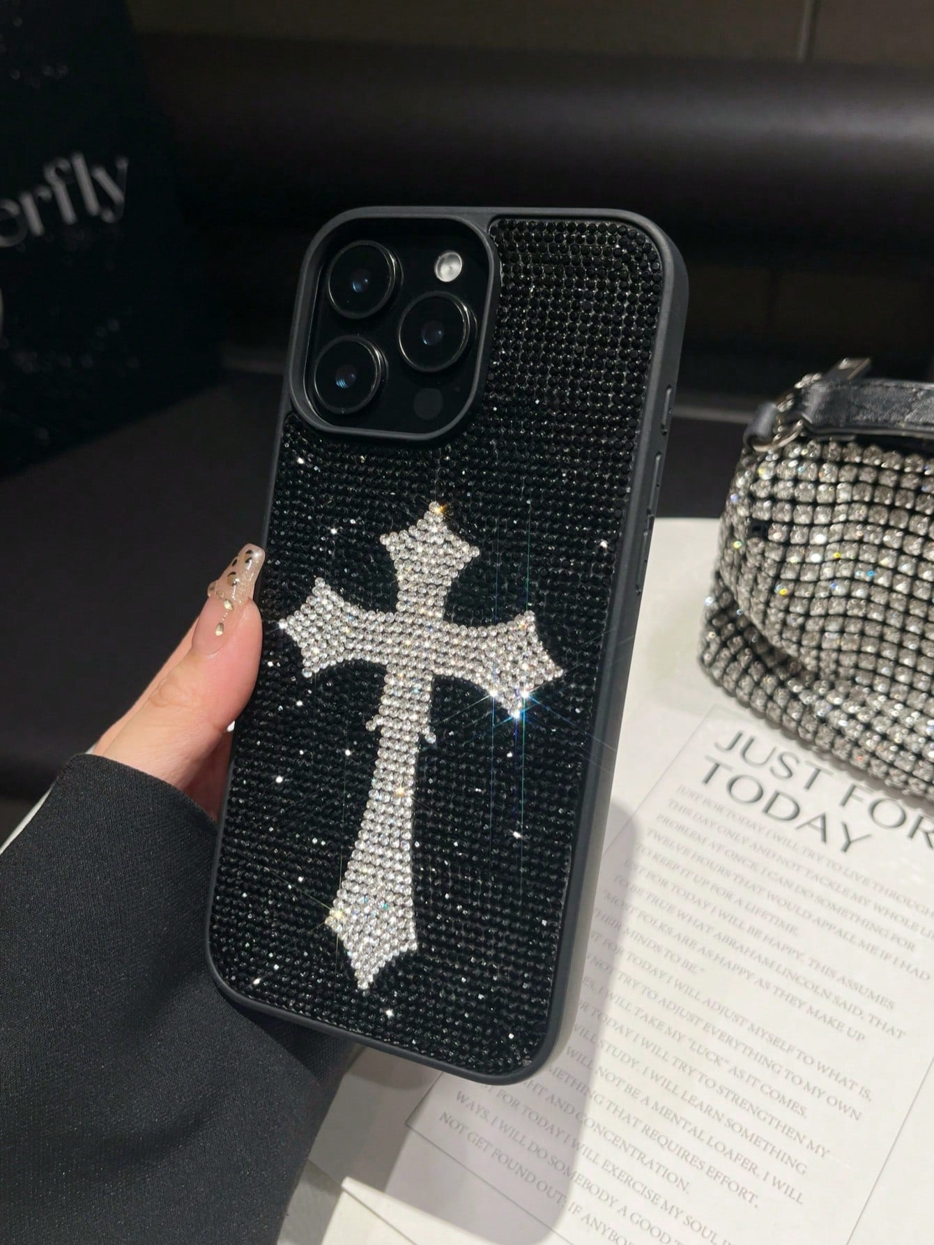 1pc Pink Cross Rhinestone Phone Case, Luxury 2-In-1 Shockproof Protective Cover For IPhone 17 Pro Max/13/14