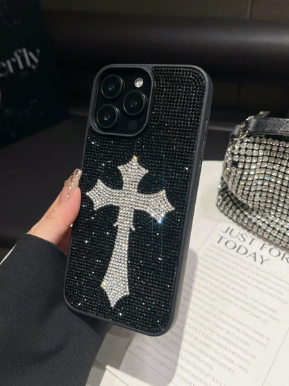 1pc Pink Cross Rhinestone Phone Case, Luxury 2-In-1 Shockproof Protective Cover For IPhone 17 Pro Max/13/14