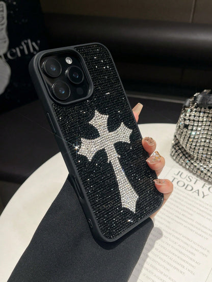 1pc Pink Cross Rhinestone Phone Case, Luxury 2-In-1 Shockproof Protective Cover For IPhone 17 Pro Max/13/14