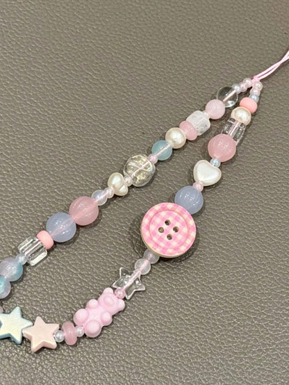 1Pc Pink LiPhone Chain, Wristband, CCD Pendant, Camera Lanyard, Pink Button Beaded Pendant For Girls.
