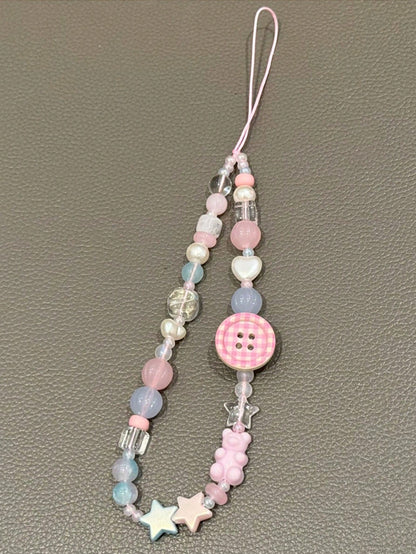 1Pc Pink LiPhone Chain, Wristband, CCD Pendant, Camera Lanyard, Pink Button Beaded Pendant For Girls.
