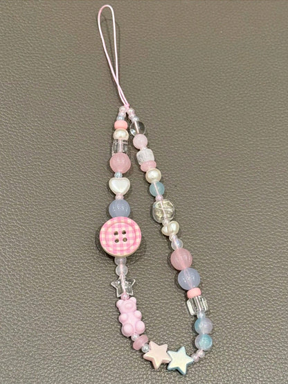 1Pc Pink LiPhone Chain, Wristband, CCD Pendant, Camera Lanyard, Pink Button Beaded Pendant For Girls.