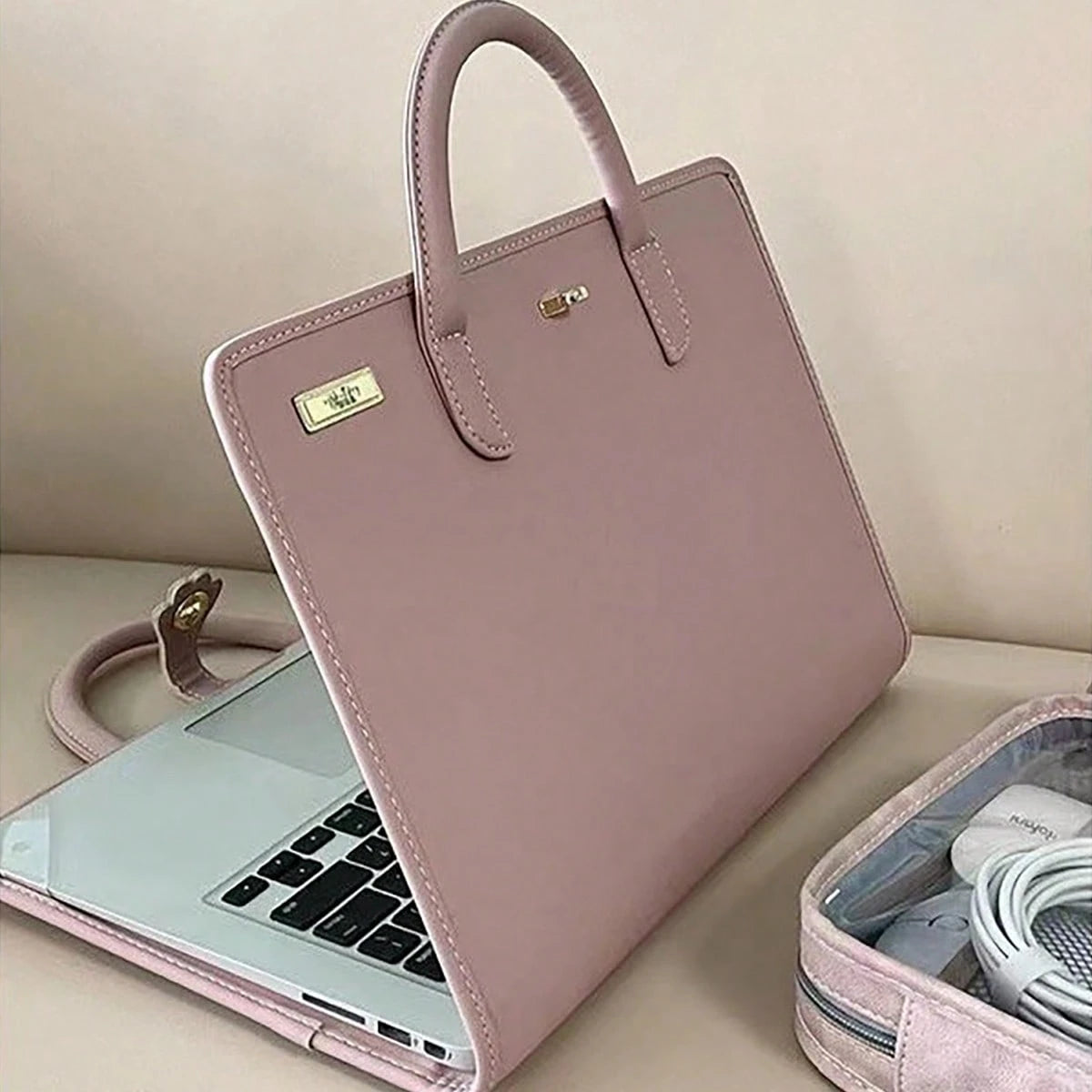 1pc Pink PU Leather Laptop Bag With Side Pocket- Fashionable & Durable Women's Laptop Bag, Pink Laptop Sleeve, Elegant & Practical Design, Laptop Bag