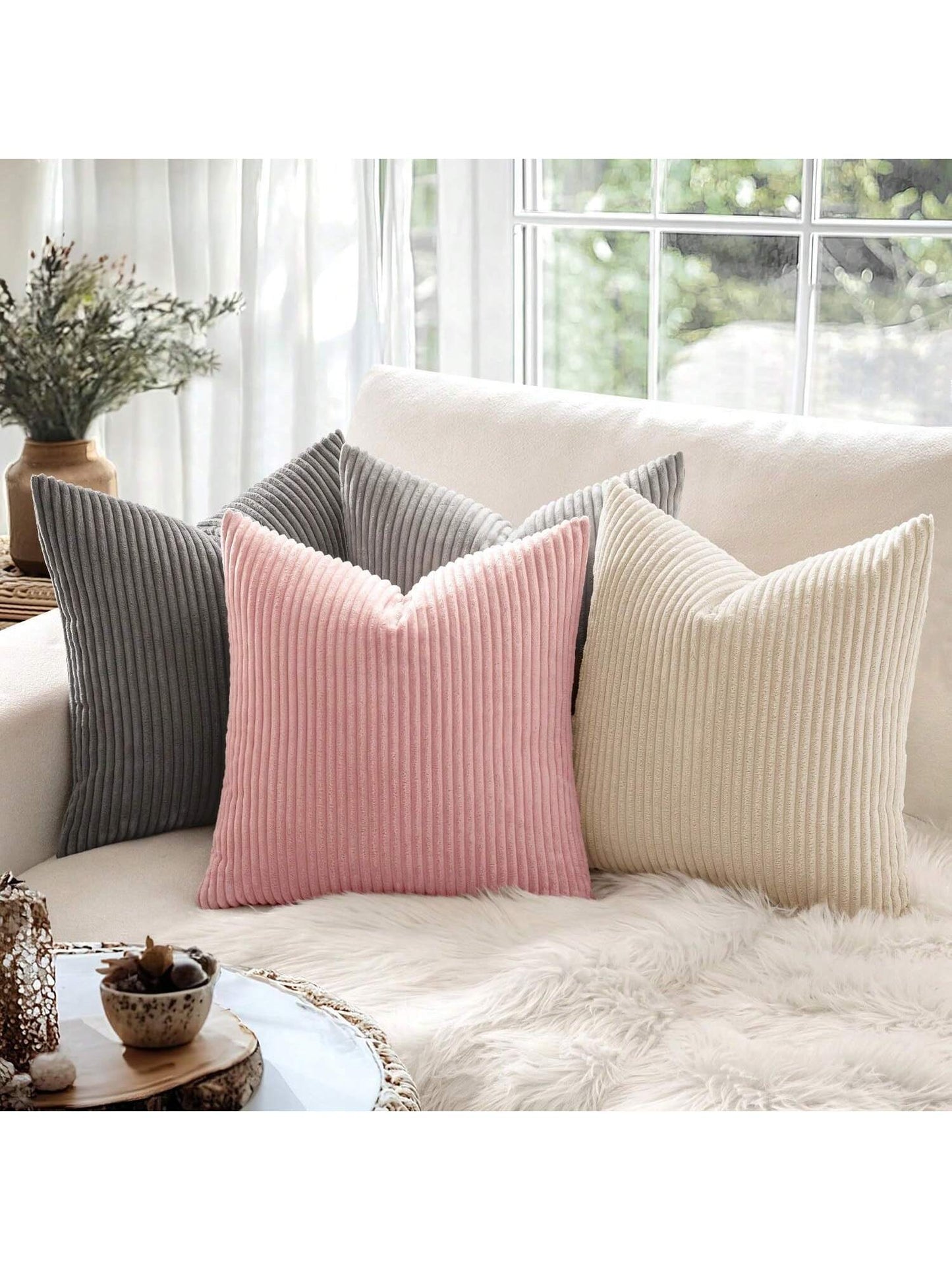 1pc Plain Ribbed Striped Soft Decorative Throw Pillow Case, Square Cushion Cover, Spring Winter Holiday Home Decor, Soft Comfy Striped Fabric, Modern Decor For Sofa, Bedroom, Dorm