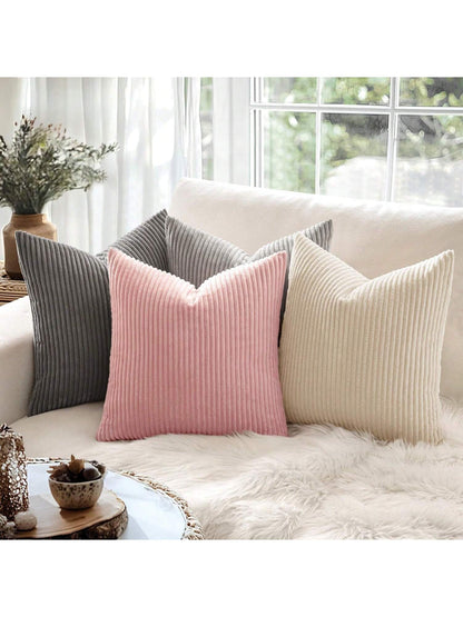 1pc Plain Ribbed Striped Soft Decorative Throw Pillow Case, Square Cushion Cover, Spring Winter Holiday Home Decor, Soft Comfy Striped Fabric, Modern Decor For Sofa, Bedroom, Dorm