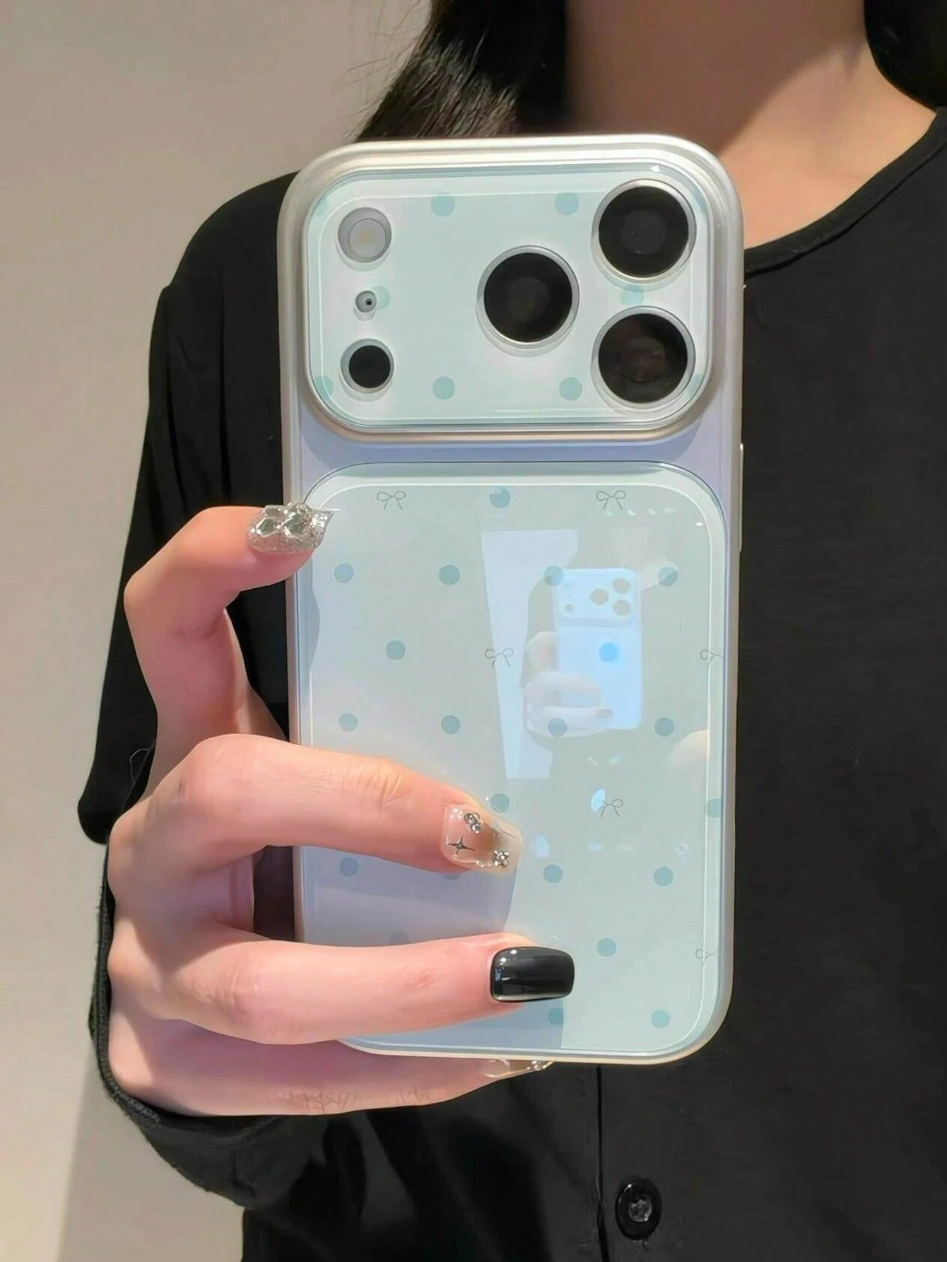 1pc Polka Dot Bow Phone Case Compatible With Apple 17 Pro Max, 16 Pro, 15, 14 Pro, 13, Cute Large Window Design