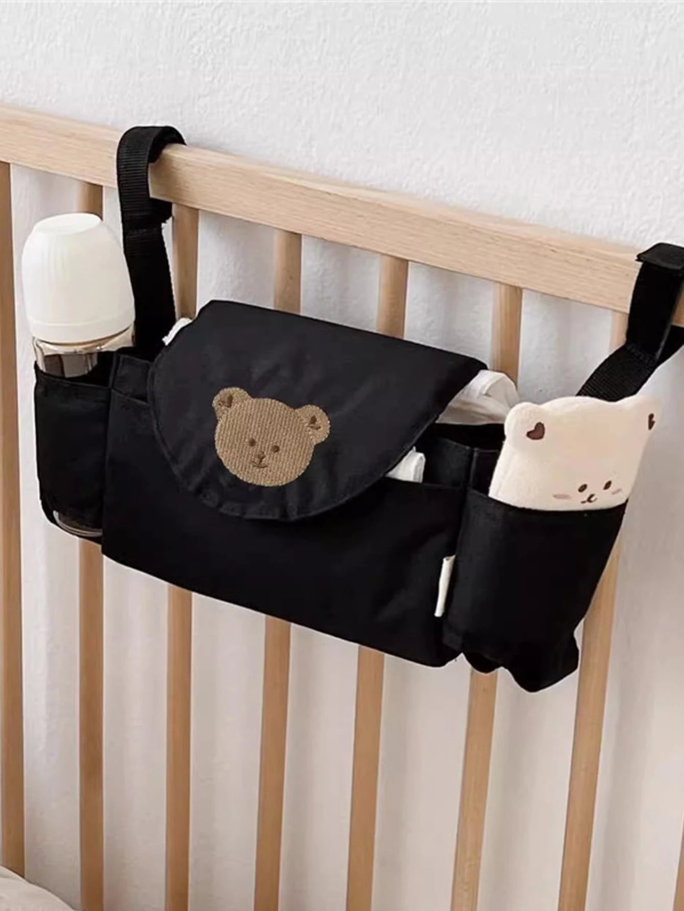 1pc Portable Baby Stroller Hanging Bag With Cartoon Teddy Bear Embroidery Mummy Bag, Baby Stroller Storage Bag, Children's Bed Hanging Storage Basket Bag