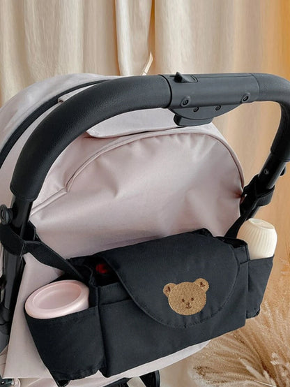1pc Portable Baby Stroller Hanging Bag With Cartoon Teddy Bear Embroidery Mummy Bag, Baby Stroller Storage Bag, Children's Bed Hanging Storage Basket Bag