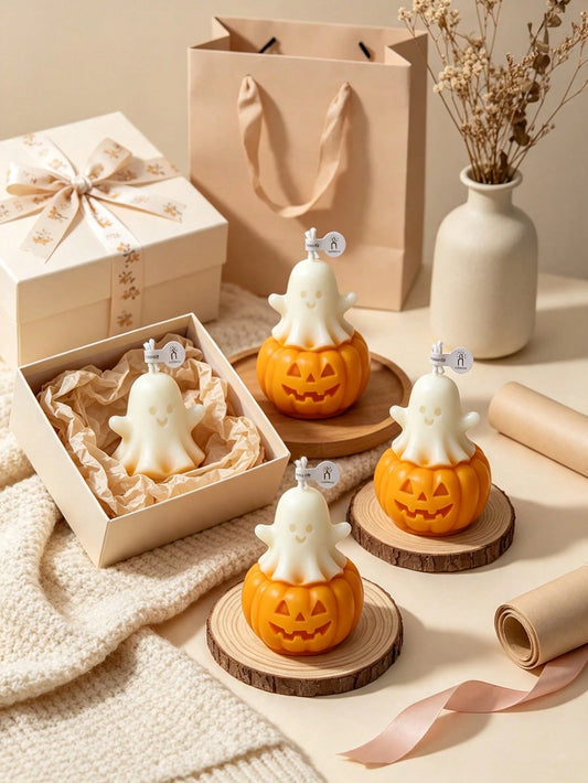 1pc Pumpkin Ghost Shaped Candle, Halloween Theme Pumpkin Ghost Design- Aromatherapy- Smokeless, Long Lasting Fragrance, Suitable For Home Decor, Perfect For Bedroom Environment And DIY Gifts. Suitab