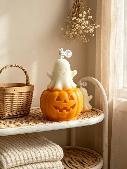 1pc Pumpkin Ghost Shaped Candle, Halloween Theme Pumpkin Ghost Design- Aromatherapy- Smokeless, Long Lasting Fragrance, Suitable For Home Decor, Perfect For Bedroom Environment And DIY Gifts. Suitab