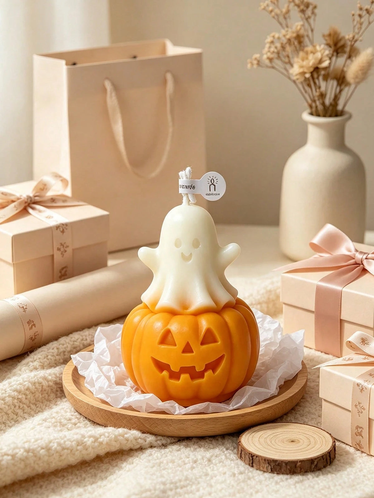 1pc Pumpkin Ghost Shaped Candle, Halloween Theme Pumpkin Ghost Design- Aromatherapy- Smokeless, Long Lasting Fragrance, Suitable For Home Decor, Perfect For Bedroom Environment And DIY Gifts. Suitab