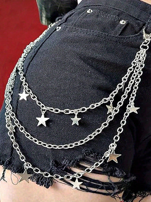 1pc Punk Style Fashion Star Pendant Waist Chain, Double Layer Pants Chain, Unique Metal Double Layer Chain, Hip Hop Skirt Accessory Pants Chain Suitable For Summer, School, Autumn, Halloween