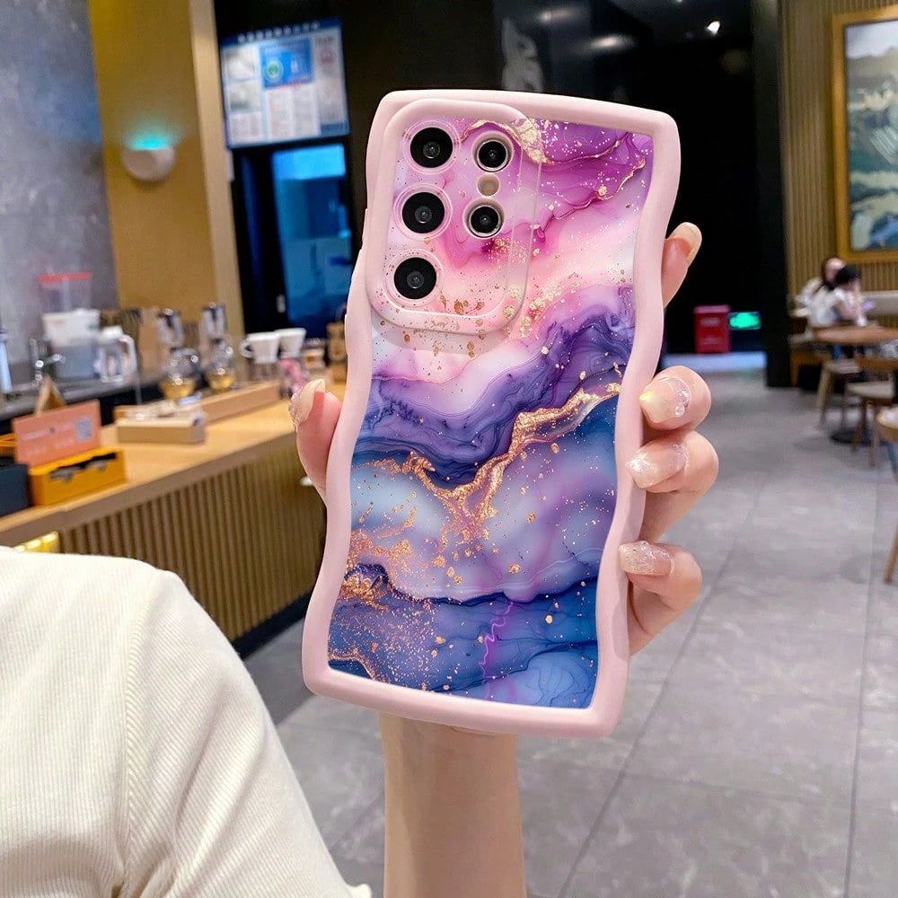 1pc Purple Pink Marble Pattern Camera Protection Wave-Shaped Phone Case UV Printed Compatible With Galaxy/MOTO/ Android Models