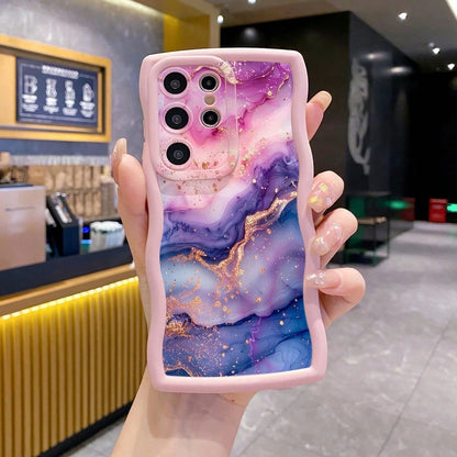 1pc Purple Pink Marble Pattern Camera Protection Wave-Shaped Phone Case UV Printed Compatible With Galaxy/MOTO/ Android Models