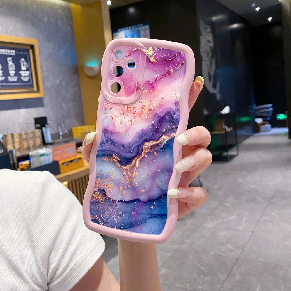 1pc Purple Pink Marble Pattern Camera Protection Wave-Shaped Phone Case UV Printed Compatible With Galaxy/MOTO/ Android Models