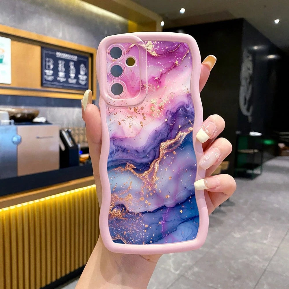 1pc Purple Pink Marble Pattern Camera Protection Wave-Shaped Phone Case UV Printed Compatible With Galaxy/MOTO/ Android Models