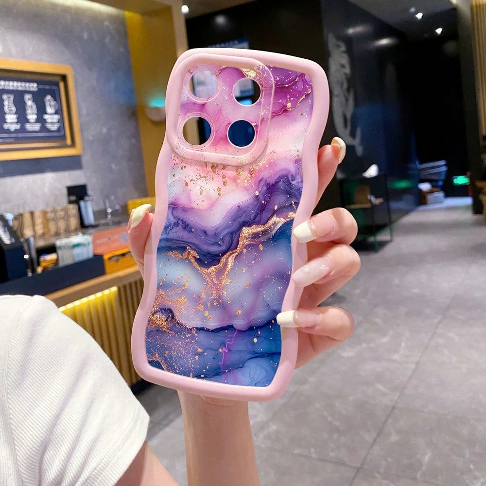 1pc Purple Pink Marble Pattern Camera Protection Wave-Shaped Phone Case UV Printed Compatible With Galaxy/MOTO/ Android Models