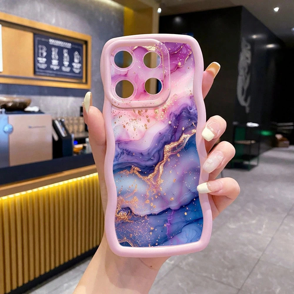 1pc Purple Pink Marble Pattern Camera Protection Wave-Shaped Phone Case UV Printed Compatible With Galaxy/MOTO/ Android Models