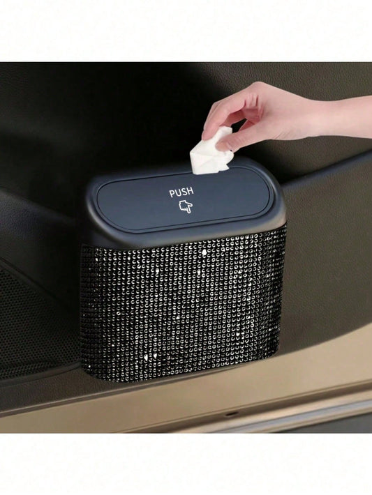 1pc Rhinestone Decorated Car Trash Can, Car Trash Can, Car Interior Hanging Storage Box, Car Hanging Trash Can With Automatic Lid, Multi-Functional Mom Car Accessory, Mini Storage Bag