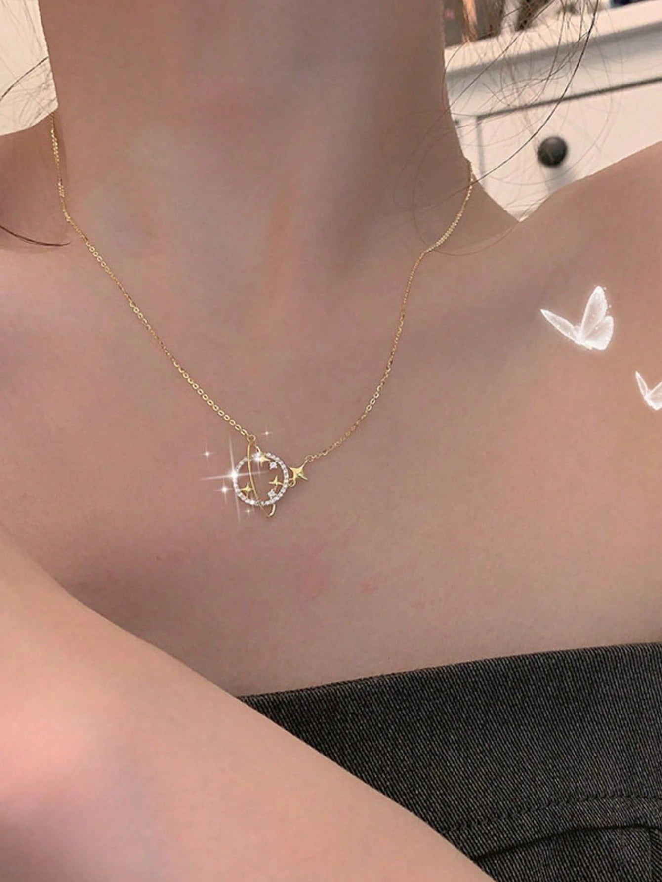 1pc S925 Sterling Silver Dreamy Star Moon Circle Collarbone Chain With Rhinestone Round Ring Shooting Star Fine Necklace, Gentle Girl Niche Light Luxury Commute Versatile Women Pendant Gift
