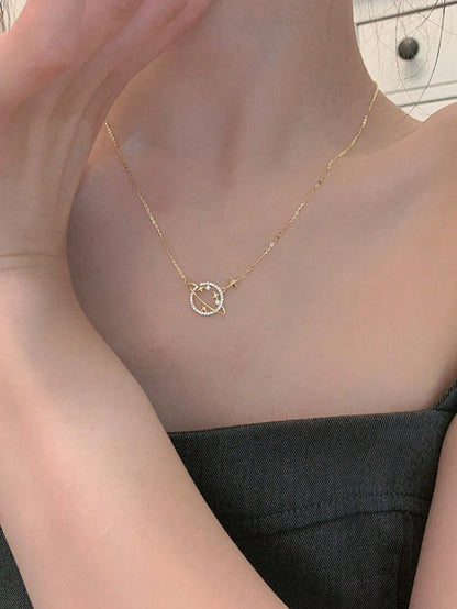 1pc S925 Sterling Silver Dreamy Star Moon Circle Collarbone Chain With Rhinestone Round Ring Shooting Star Fine Necklace, Gentle Girl Niche Light Luxury Commute Versatile Women Pendant Gift