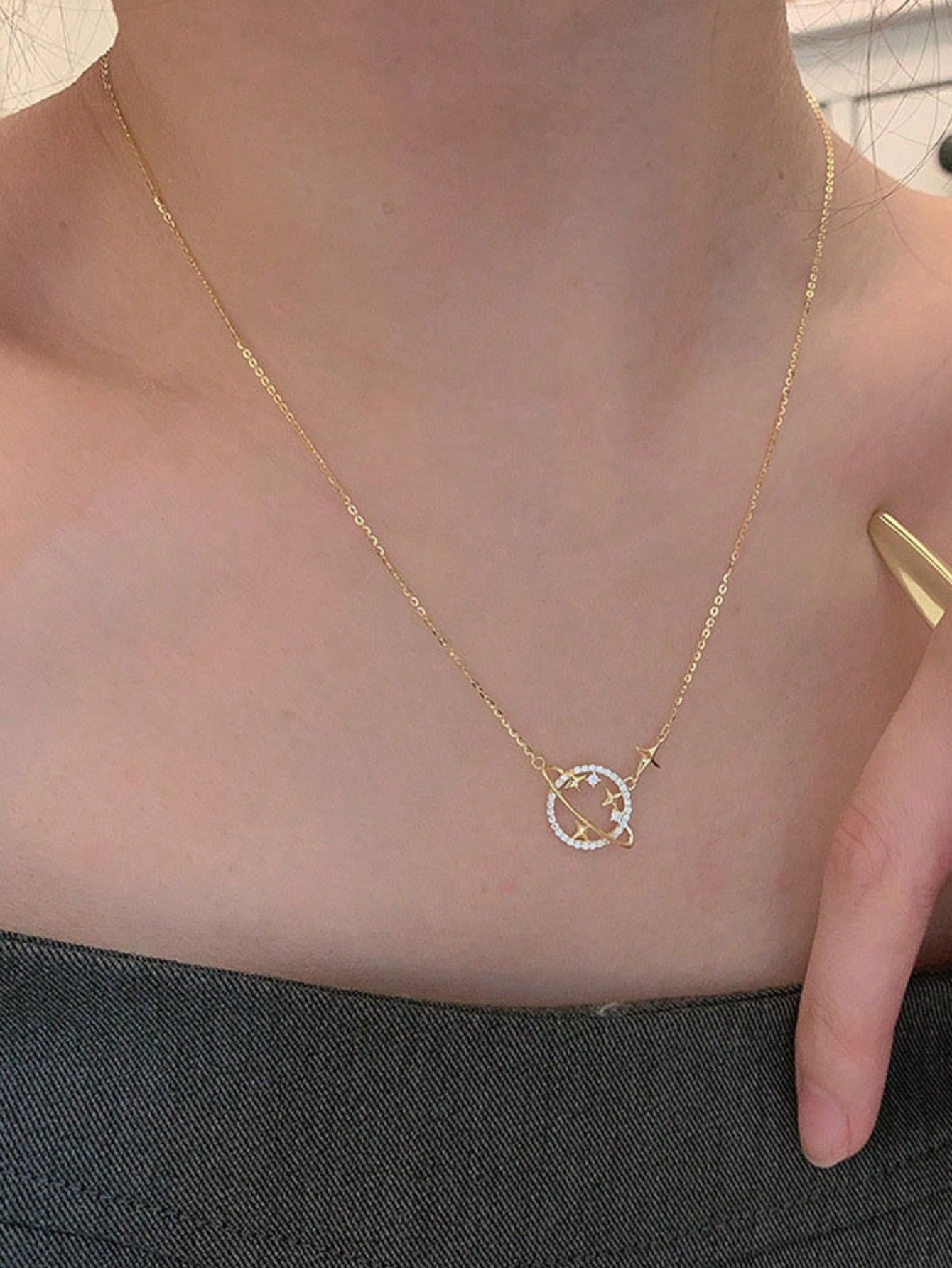 1pc S925 Sterling Silver Dreamy Star Moon Circle Collarbone Chain With Rhinestone Round Ring Shooting Star Fine Necklace, Gentle Girl Niche Light Luxury Commute Versatile Women Pendant Gift