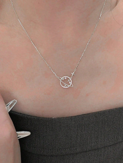 1pc S925 Sterling Silver Dreamy Star Moon Circle Collarbone Chain With Rhinestone Round Ring Shooting Star Fine Necklace, Gentle Girl Niche Light Luxury Commute Versatile Women Pendant Gift