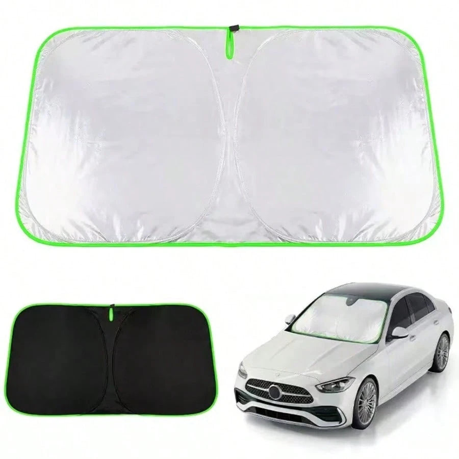 1Pc Silver Reflective Car Sun Shade. Thick Durable Fabric Blocks Sunlight, Heat And UV Rays To Protect Interiors. Foldable And Tool-Free For Easy Use, Fits Most Cars.