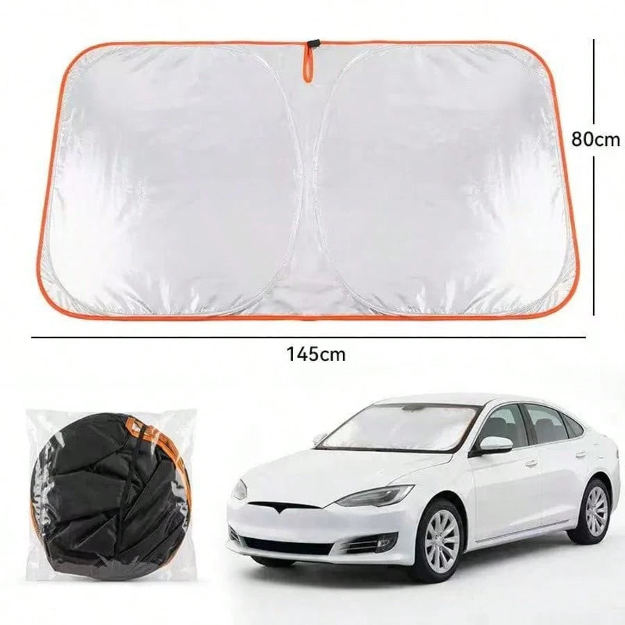 1Pc Silver Reflective Car Sun Shade. Thick Durable Fabric Blocks Sunlight, Heat And UV Rays To Protect Interiors. Foldable And Tool-Free For Easy Use, Fits Most Cars.