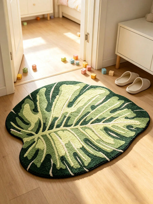 1pc Soft, Absorbent, Fluffy Mint Green Leaf Pattern Bathroom Mat, Suitable For Home Decor, Entryway And Indoor Protection, Bathroom Mat, Bathroom Rug, Door Mat, Small Rug, Carpet, Mat, Home Decor, Are