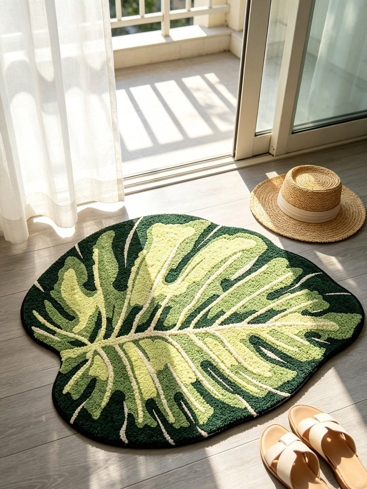 1pc Soft, Absorbent, Fluffy Mint Green Leaf Pattern Bathroom Mat, Suitable For Home Decor, Entryway And Indoor Protection, Bathroom Mat, Bathroom Rug, Door Mat, Small Rug, Carpet, Mat, Home Decor, Are