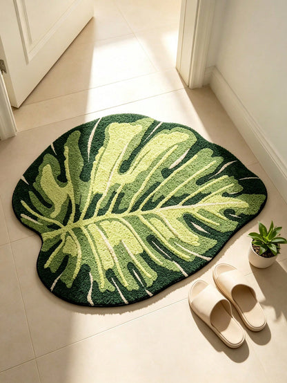 1pc Soft, Absorbent, Fluffy Mint Green Leaf Pattern Bathroom Mat, Suitable For Home Decor, Entryway And Indoor Protection, Bathroom Mat, Bathroom Rug, Door Mat, Small Rug, Carpet, Mat, Home Decor, Are