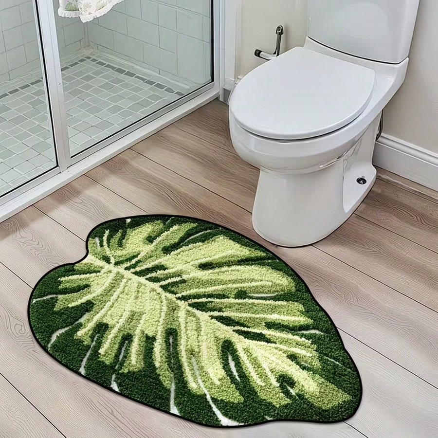 1pc Soft, Absorbent, Fluffy Mint Green Leaf Pattern Bathroom Mat, Suitable For Home Decor, Entryway And Indoor Protection, Bathroom Mat, Bathroom Rug, Door Mat, Small Rug, Carpet, Mat, Home Decor, Are