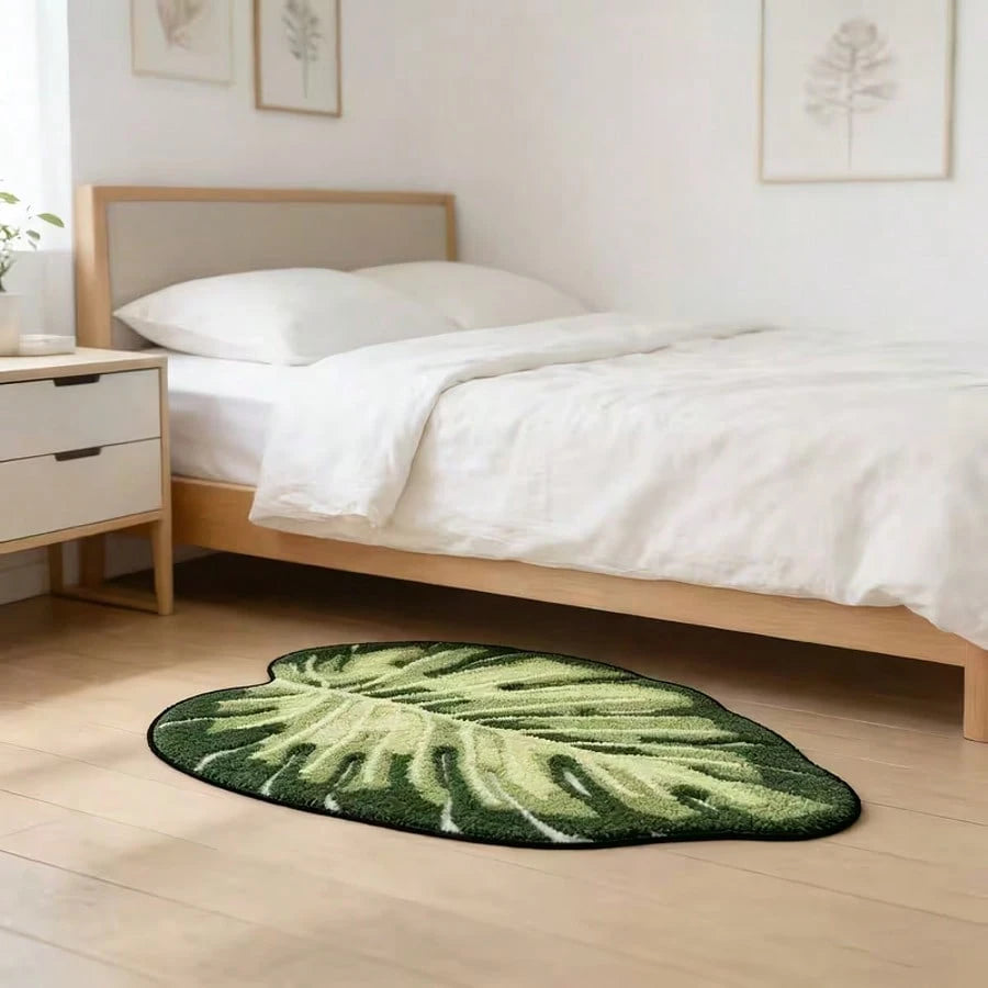 1pc Soft, Absorbent, Fluffy Mint Green Leaf Pattern Bathroom Mat, Suitable For Home Decor, Entryway And Indoor Protection, Bathroom Mat, Bathroom Rug, Door Mat, Small Rug, Carpet, Mat, Home Decor, Are