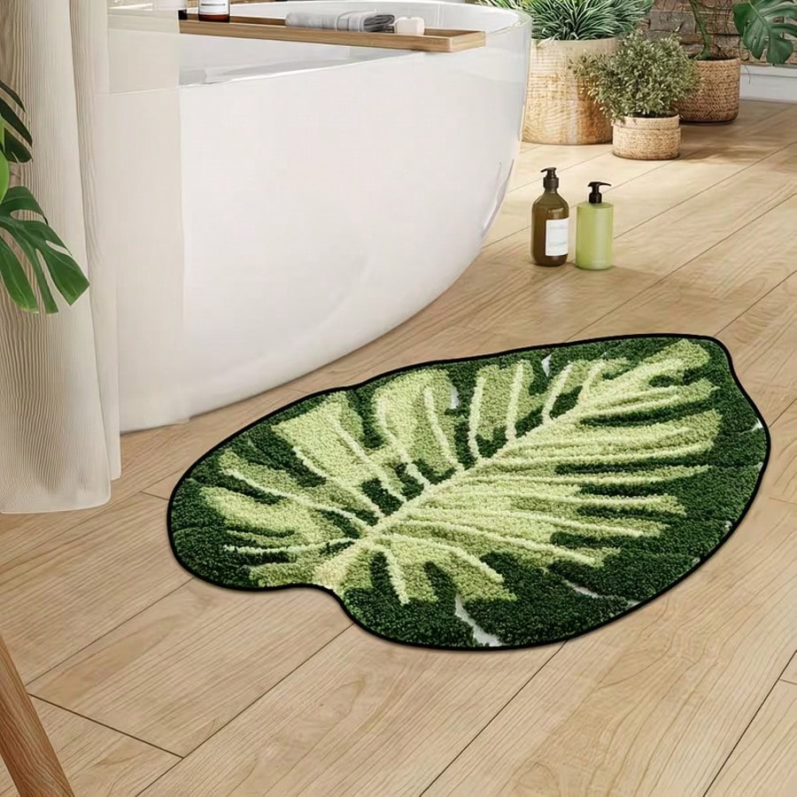 1pc Soft, Absorbent, Fluffy Mint Green Leaf Pattern Bathroom Mat, Suitable For Home Decor, Entryway And Indoor Protection, Bathroom Mat, Bathroom Rug, Door Mat, Small Rug, Carpet, Mat, Home Decor, Are