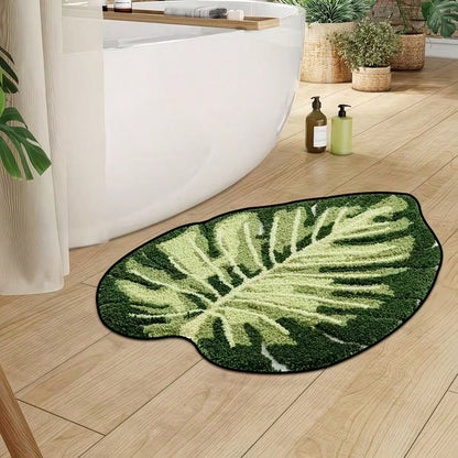 1pc Soft, Absorbent, Fluffy Mint Green Leaf Pattern Bathroom Mat, Suitable For Home Decor, Entryway And Indoor Protection, Bathroom Mat, Bathroom Rug, Door Mat, Small Rug, Carpet, Mat, Home Decor, Are