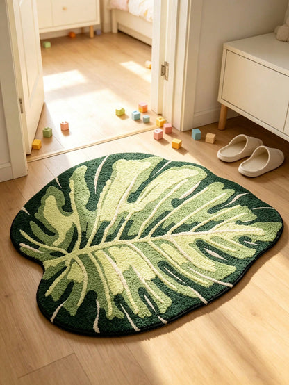 1pc Soft, Absorbent, Fluffy Mint Green Leaf Pattern Bathroom Mat, Suitable For Home Decor, Entryway And Indoor Protection, Bathroom Mat, Bathroom Rug, Door Mat, Small Rug, Carpet, Mat, Home Decor, Are