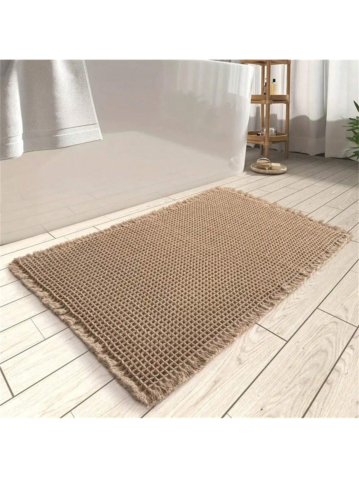 1pc Soft Absorbent Waffle Bath Mat, Slip-Resistant With Hot Melt Glue Transparent Rubber Bottom, Tasseled Washable For Kitchen And Bathroom Home Bathroom Decor Bath Rug Floor Carpet Outdoor Rug Door M