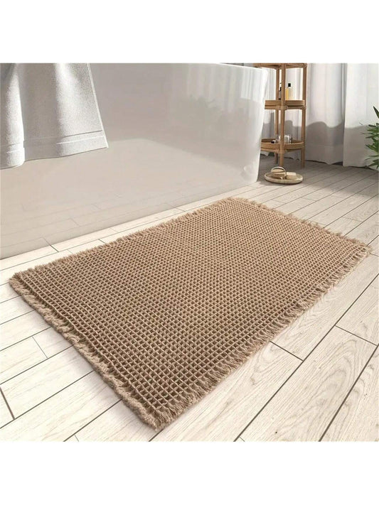 1pc Soft Absorbent Waffle Bath Mat, Slip-Resistant With Hot Melt Glue Transparent Rubber Bottom, Tasseled Washable For Kitchen And Bathroom Home Bathroom Decor Bath Rug Floor Carpet Outdoor Rug Door M