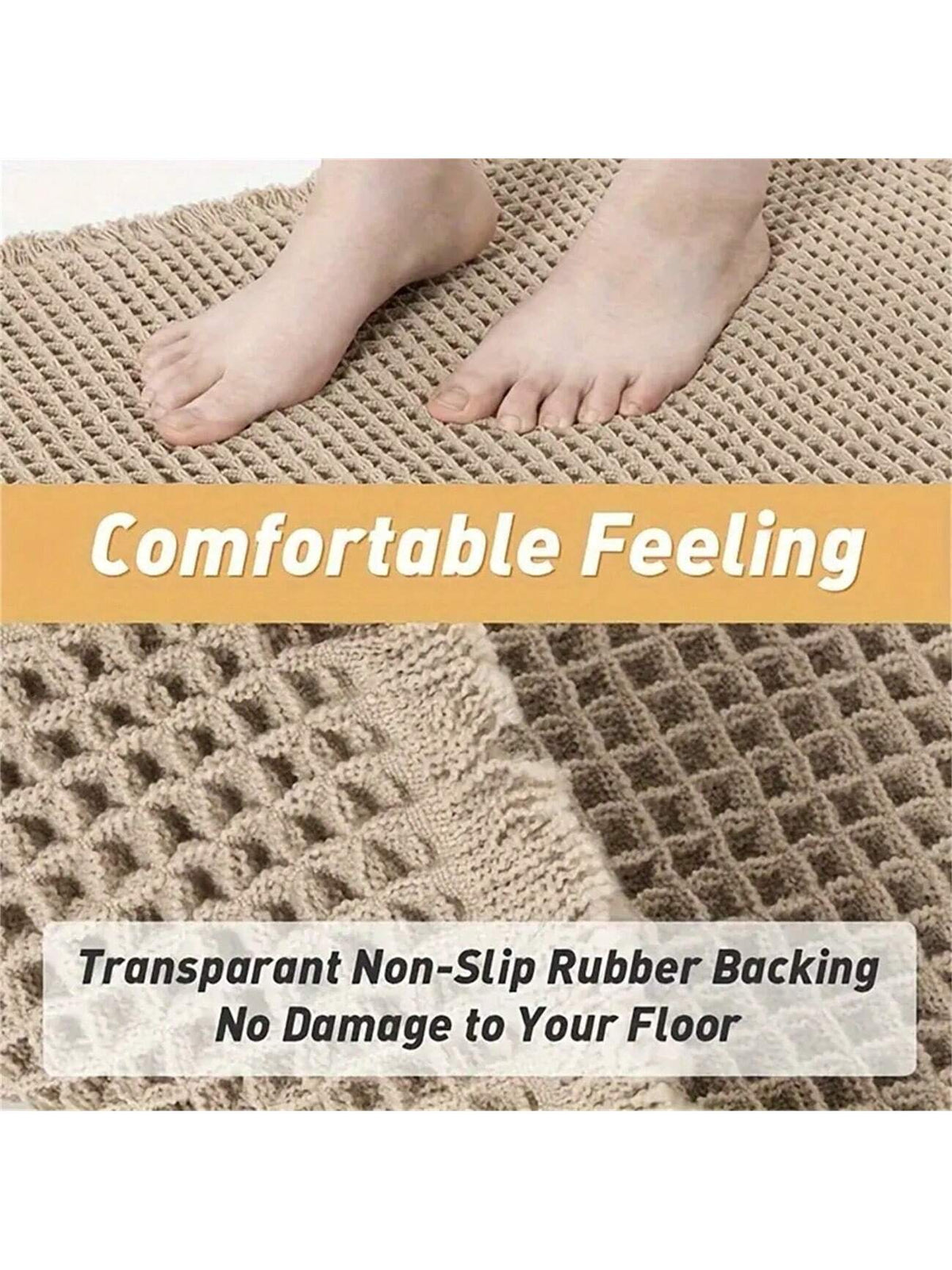 1pc Soft Absorbent Waffle Bath Mat, Slip-Resistant With Hot Melt Glue Transparent Rubber Bottom, Tasseled Washable For Kitchen And Bathroom Home Bathroom Decor Bath Rug Floor Carpet Outdoor Rug Door M