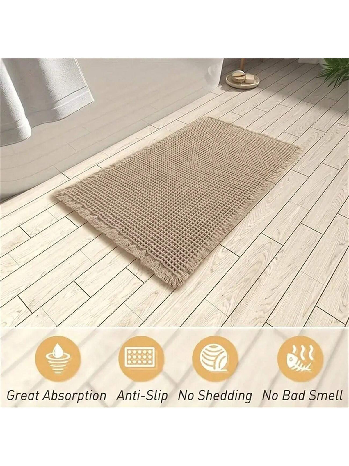 1pc Soft Absorbent Waffle Bath Mat, Slip-Resistant With Hot Melt Glue Transparent Rubber Bottom, Tasseled Washable For Kitchen And Bathroom Home Bathroom Decor Bath Rug Floor Carpet Outdoor Rug Door M