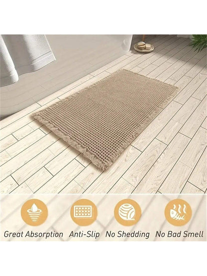 1pc Soft Absorbent Waffle Bath Mat, Slip-Resistant With Hot Melt Glue Transparent Rubber Bottom, Tasseled Washable For Kitchen And Bathroom Home Bathroom Decor Bath Rug Floor Carpet Outdoor Rug Door M