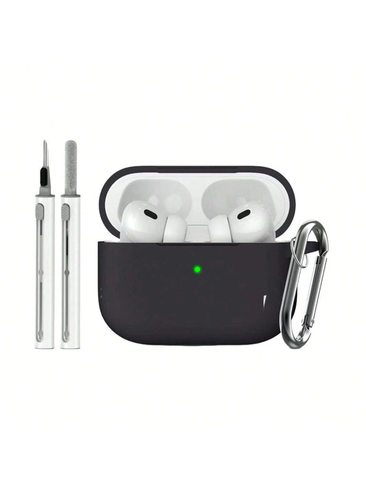1pc Solid Color Silicone Protective Case With Carabiner Strap And Cleaning Brush