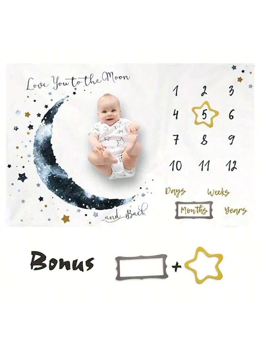 1pc Star & Moon Design Polyester Newborn Baby Photo Background Blanket, For Boys Baby Shower Family Decorations Gifts Baby Shower Easter Gifts Things For Girls/Boys