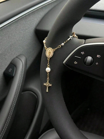 1pc Steering Wheel Rosary Hanging Ornament| Rosary Car Pendant Accessory| Car Decor| Car Pendant| Unique Fashion Car Pendant Decoration